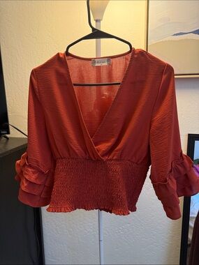 Altar'd State Rust Red Smocked V-Neck Blouse